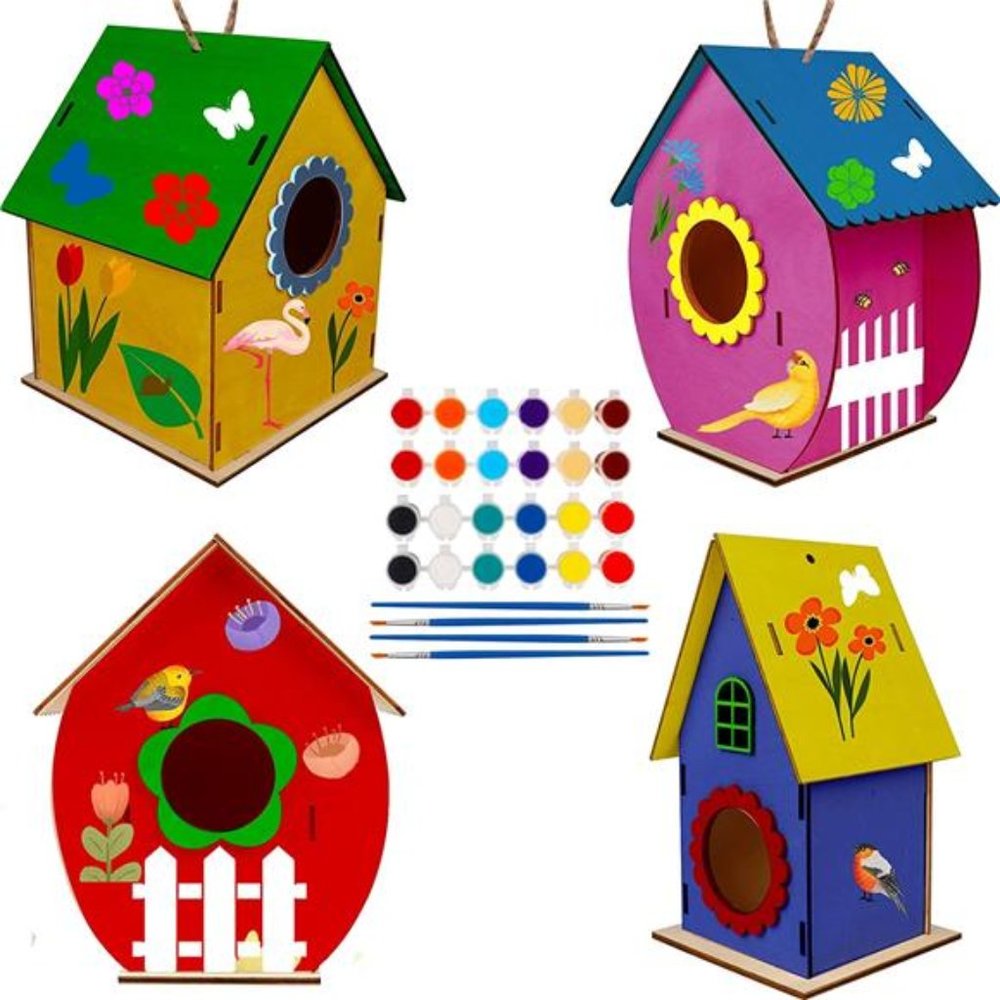Art Craft Wood Toy for Kid, 4 Pack Bird House Kit Painting Wooden Assembly
